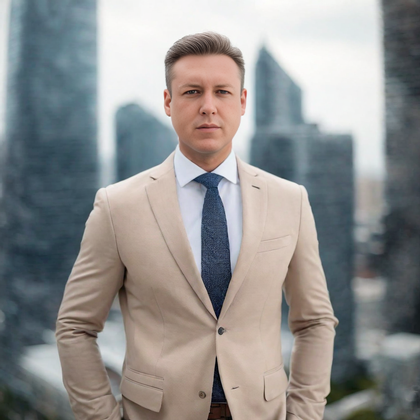 Professional man in beige suit and blue tie standing outdoors with city skyline background.