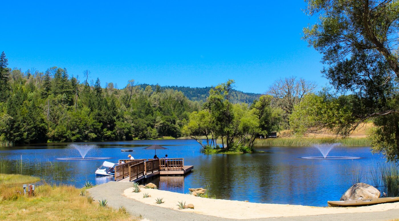 Scenic view of Maxville Winery with a lake, trees, and fountains under a clear blue sky.