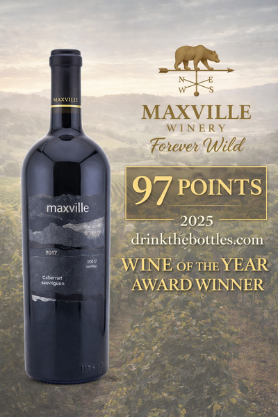 Maxville Winery 2017 Cabernet Sauvignon bottle with award and accolades background.