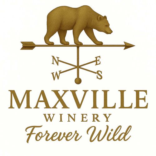 Maxville Winery logo featuring a bear on a weather vane with compass directions and the slogan Forever Wild.